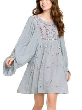 Embroidered Balloon Sleeve Dress Smocked Mini Flowy Floral Rayon Red Gray Size S